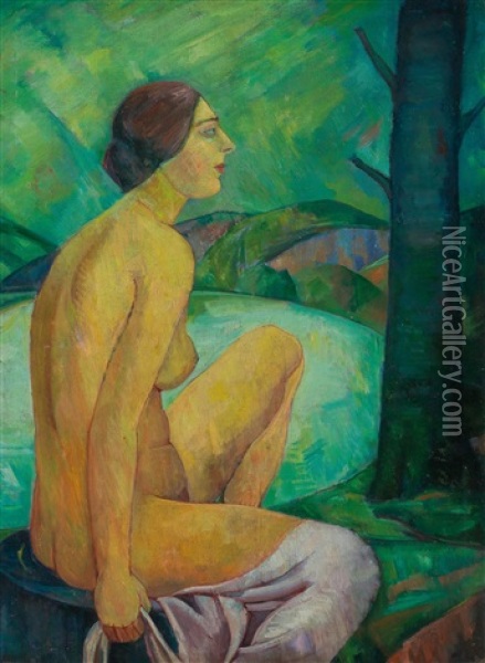 Sitting Female Nude In Landscape Oil Painting - Maximilian Reinitz