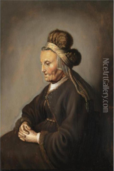 Portrait Of A Seated Lady, 
Three-quarter-length, Wearing A Brown Cloak And A Fur Headdress, 
Probably Rembrandt's Mother Oil Painting - Rembrandt Van Rijn
