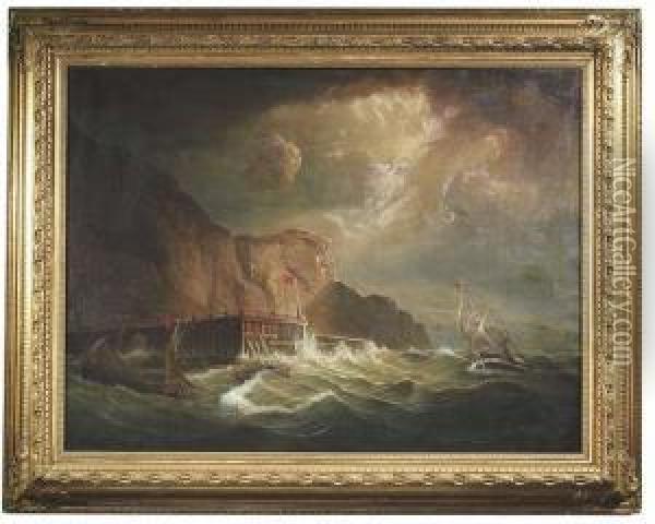 Sailing Boats In Stormy Sea At A Steep Coast Oil Painting - Johann Baptist Weiss