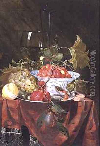 Still life with wild strawberries plums grapes and a lemon on a draped ledge Oil Painting - Nicolaes Van Gelder