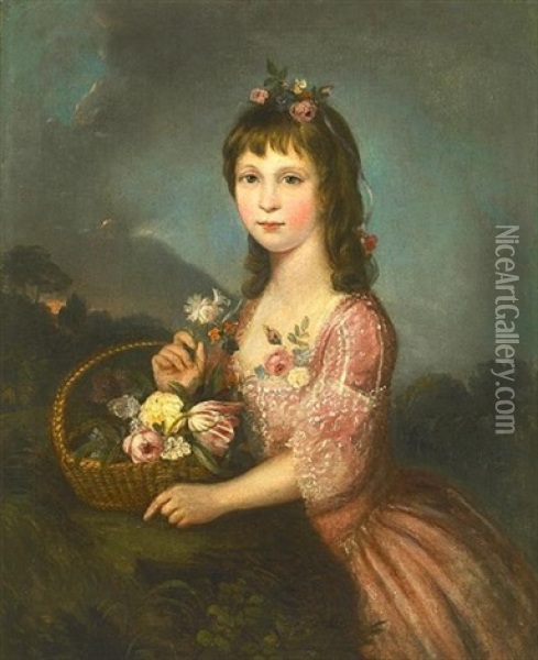 A Portrait Of A Girl Holding A Basket Of Flowers, Thought To Be The Hon. Patricia Melbourne Oil Painting - William Owen