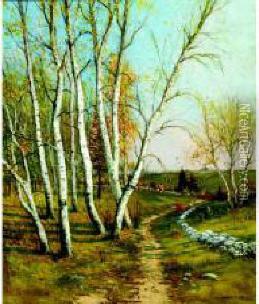 Birches Near A Stone-lined Path Oil Painting - George Howell Gay