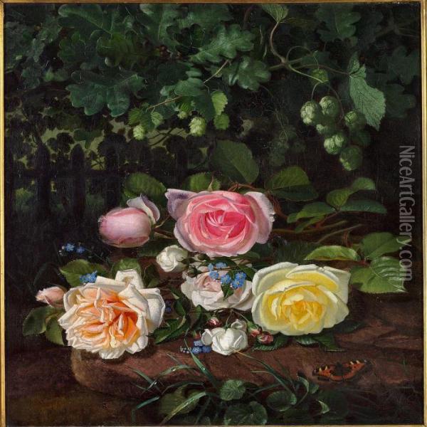 Roses And And Hop Branches Oil Painting - Otto Didrik Ottesen