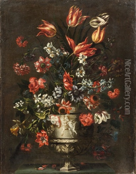 Bouquet Of Flowers In A Stone Vase Oil Painting - Mario Nuzzi