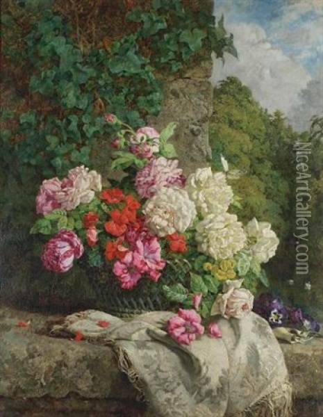 Still Life With Flowers On A Rocky Ledge Oil Painting - Anne Ferray Mutrie
