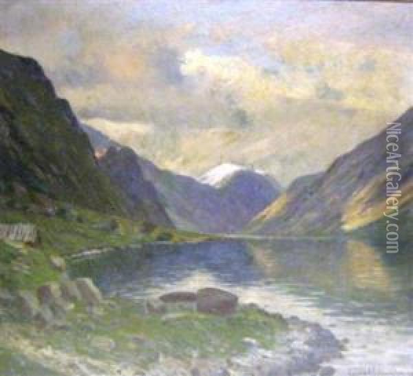 Norwegian Fjord Scene Oil Painting - Conrad Selmyhr