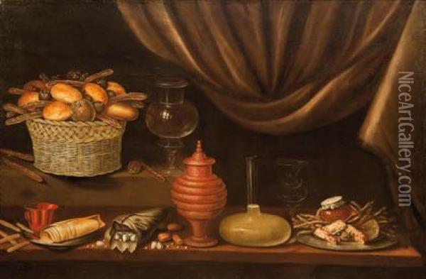 Bodegon De Dulces, Frutos Secos, Ceramica Y Vidrios Oil Painting - Antonio Ponce