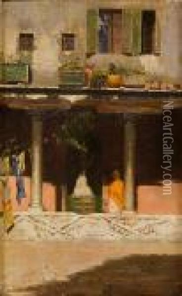 Casa Con Porticato E Figura Di Donna Oil Painting - Rubens Santoro