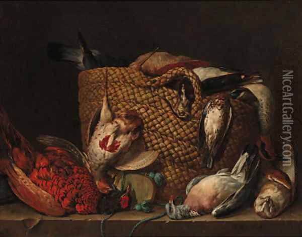 A pheasant, pigeon, owl, and a basket with a partridge, duck, lapwing and woodcock on a ledge Oil Painting - Pieter Andreas Rysbrack