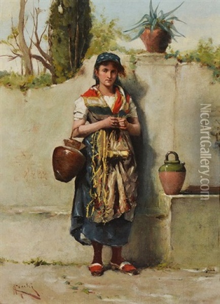 Girl At A Well Oil Painting - Adriano Cecchi