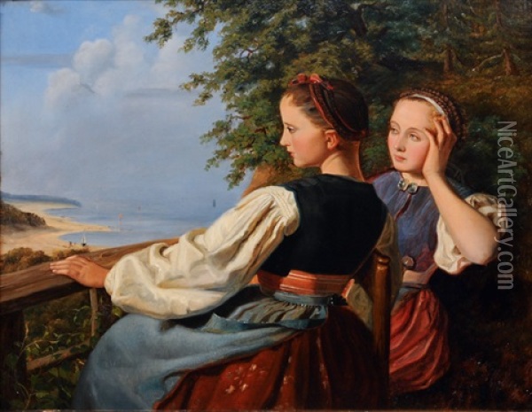 Two Girls By The Baltic Sea Oil Painting - Johann Casper Coqui