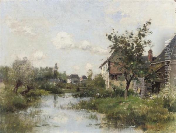 Fishing At The Village Pond Oil Painting - Maurice Levis