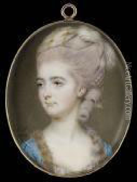 A Lady, Wearing White Dress With
 Pink Stripes And Floral Motif, Fur-trimmed Blue Gown With Pearl Strands
 Across The Shoulders And White Scarf Striped With Gold And White 
Ostrich Feathers In Her Upswept And Curled Powdered Hair Oil Painting - John I Smart