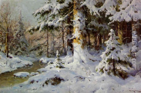 Verschneiter Markischer Tannenwald Im Sonnenschein Oil Painting - Walter Moras