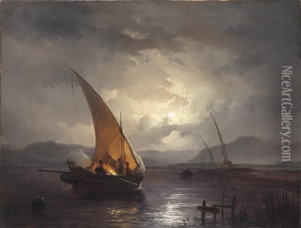 Mondnacht Uber Einer Meereslandschaft Mit Segelbooten Oil Painting - Remigius Adrianus van Haanen
