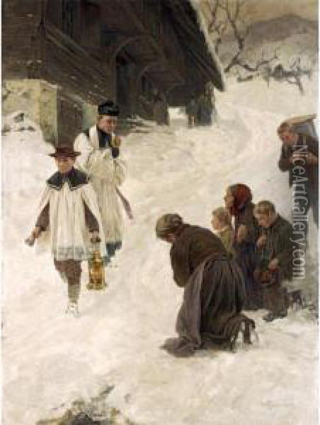 Besegnung Im Dorf 
Blessing In The Village Oil Painting - Hans Bachmann