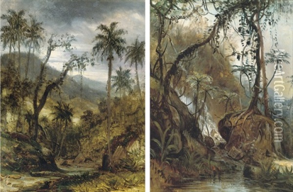 Jungle River Landscape (+ Another; 2 Works) Oil Painting - Henry Cleenewerck