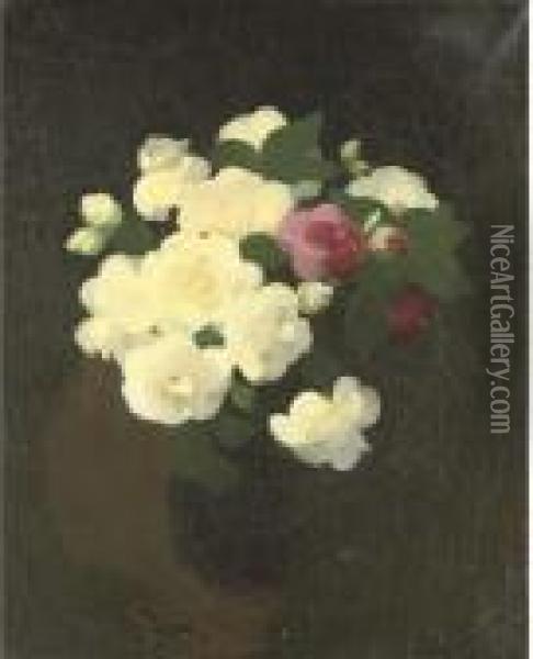Pink And Yellow Camellias Oil Painting - James Stuart Park