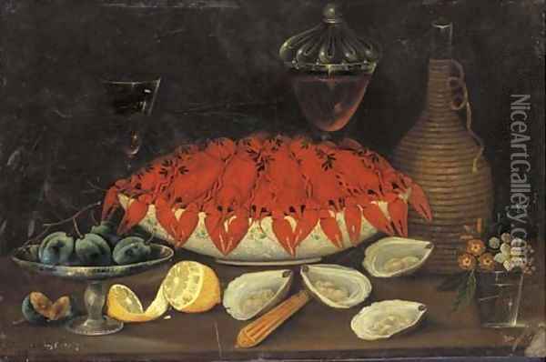 Crayfish in a porcelain bowl and plums on a tazza, Oil Painting - Johann Seitz