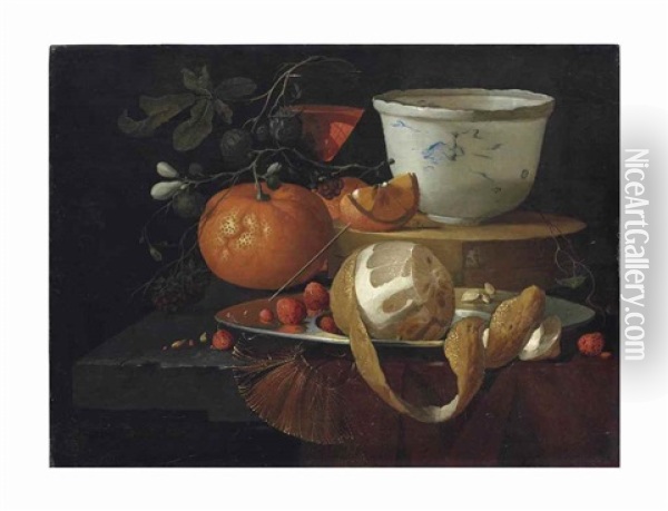 A Partially Peeled Orange, Strawberries And Other Fruit With A Wine Glass And Wan-li Bowl On A Partially Draped Stone Ledge Oil Painting - Elias van den Broeck