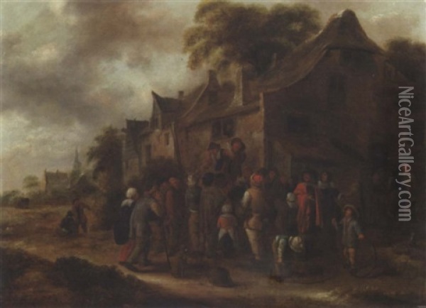 Peasant Players In A Village Street Oil Painting - Nicolaes Molenaer