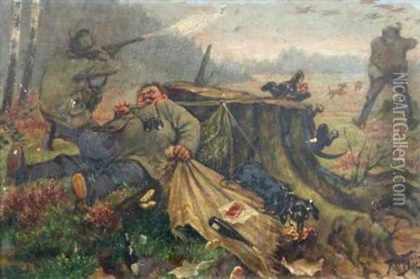 Satirical Prussian Hunting Scenes, With Dachshunds, Wine Bottles And Chaos; Sportsmen Resting Under A Tree (pair) Oil Painting - Arthur (Julius) Thiele