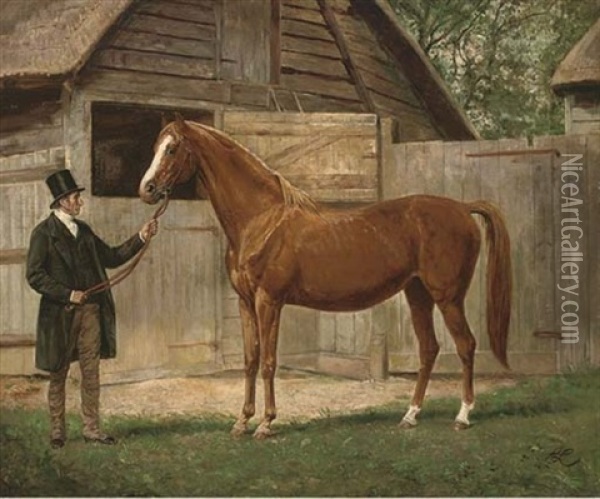 A Gentleman And Chestnut Arab, Outside A Stable Oil Painting - Wright Barker