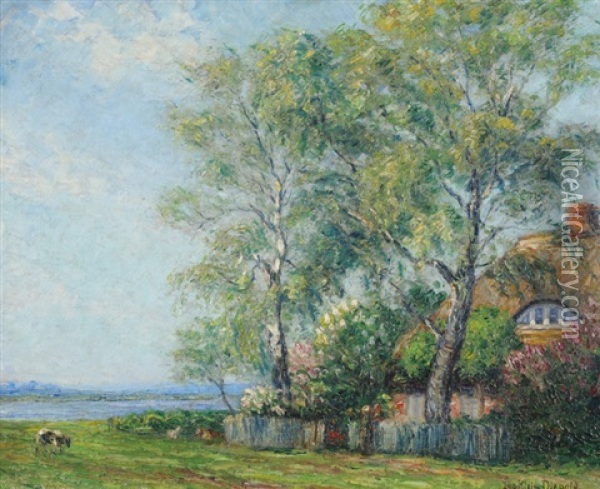 Haus In Bluhendem Garten Mit Weide Und Blick In Die Ferne Uferlandschaft Oil Painting - Leopold Klein von Diepold