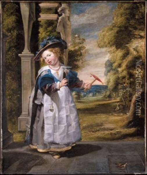 Portrait Of The Painter's Daughter Anna Catharina, Standing On A Terrace Holding Her Pet Finch Oil Painting - Jacob Jordaens