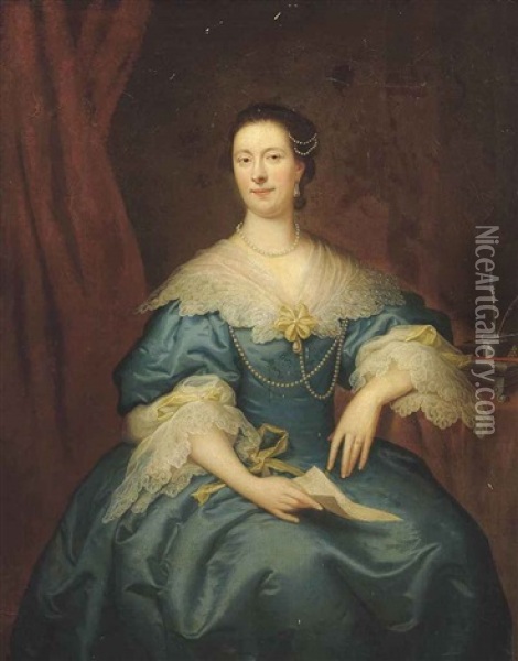 Portrait Of A Lady, Seated, Three-quarter-length, In A Blue Dress With Lace, And Holding A Letter Oil Painting - Thomas Bardwell