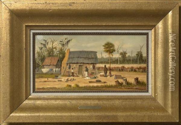 View Of A Cabin Beside A Cotton Field With Family Oil Painting - William Aiken Walker