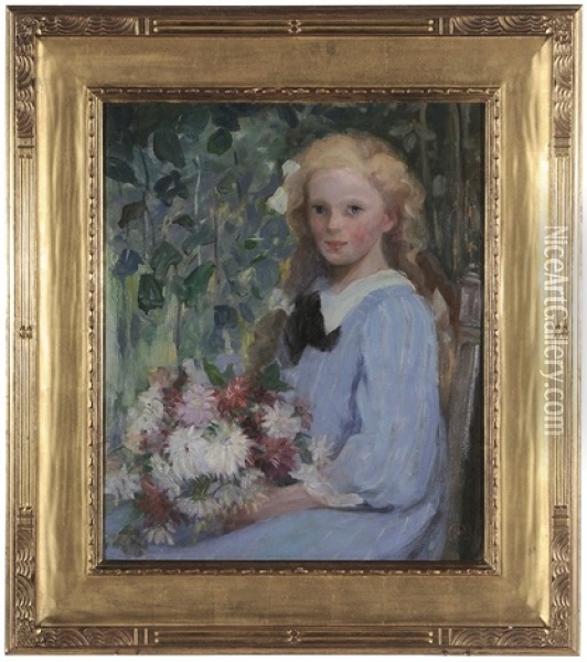 Girl With Flowers Oil Painting - Pauline Palmer