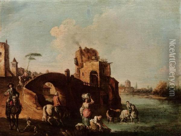 Paesaggio Fluviale Con Torrione, Ponte, Cavalieri E Lavandaie Oil Painting - Giuseppe Zais