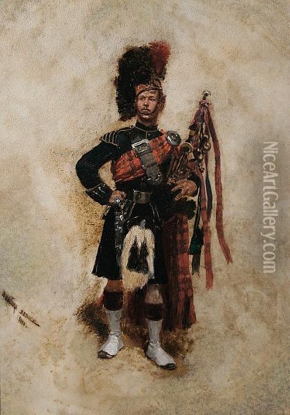Scottish Soldier With Bagpipes Oil Painting - Jean Baptiste Edouard Detaille