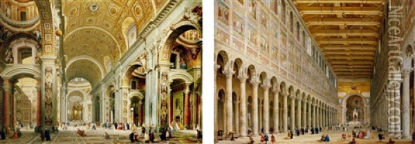 Interior Of Saint Peter's, Rome, Looking West Towards The Tomb Of Saint Peter, With Numerous Worshippers And Other Figures In The Nave Oil Painting - Giovanni Paolo Panini