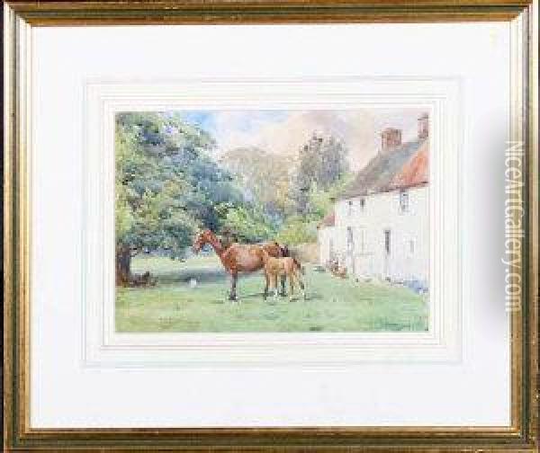A Mare And Foal In The Meadow Beside A White-washed Farmhouse Oil Painting - John Atkinson
