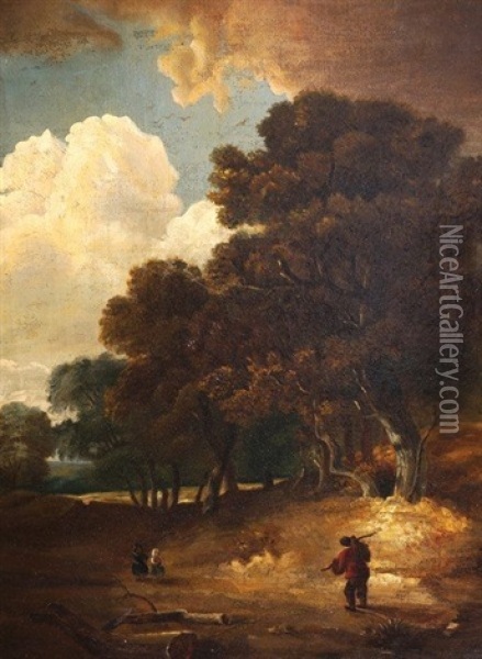 Wooded Landscape With Figures On A Track Oil Painting - James Arthur O'Connor