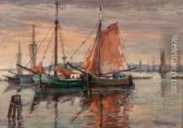 Segelboote Im Hafen Bei Abenddammerung Oil Painting - Hans Gleissner