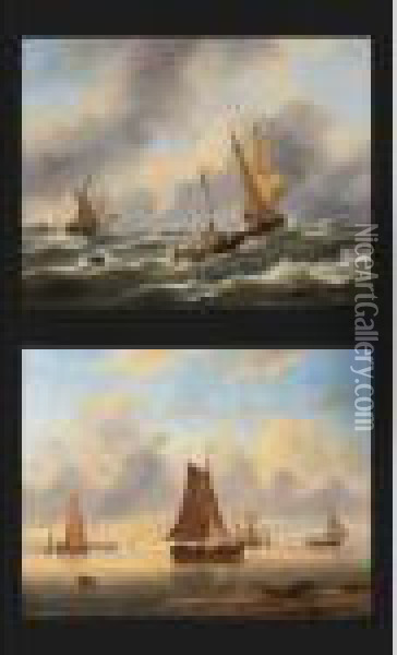 Sailing Vessels On A Choppy Sea; Shipping In A Calm At Sunset (a Pair) Oil Painting - Govert Van Emmerik