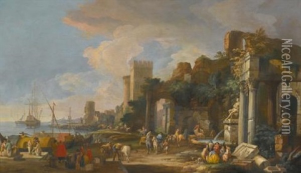 Capriccio View Of A Mediterranean Port Oil Painting - Luca Carlevarijs