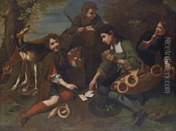 Boys Playing Cards In A Forest Clearing Oil Painting - Tommaso Salini (Mao)