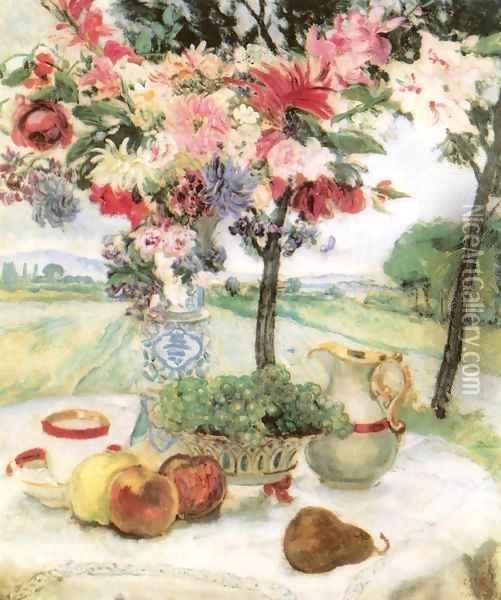 Still life with Flowers (Breakfast Table) 1913 Oil Painting - Istvan Csok
