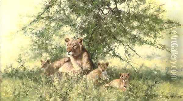 A Lioness and her Cubs Oil Painting - Thomas Hosmer Shepherd