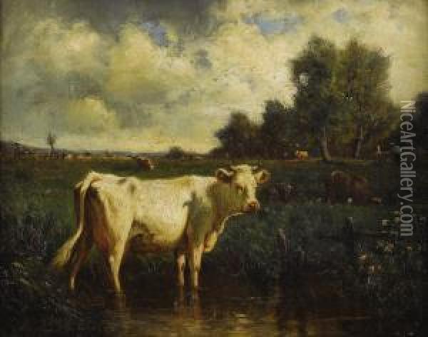 Cattle In The Stream Oil Painting - Emile van Marcke de Lummen