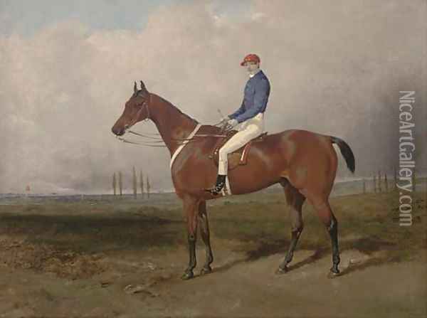 A bay steeple-chaser, with jockey up, the course beyond Oil Painting - Thomas Goode