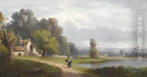 Landschaftspartie Mit Gehoft An See. Oil Painting - Henry Van Brunt