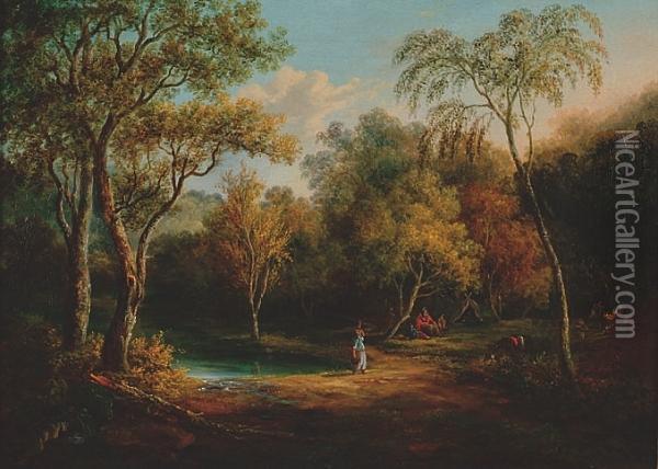 Encampment By A Woodland Pool With Figures And A Donkey Oil Painting - Patrick, Peter Nasmyth