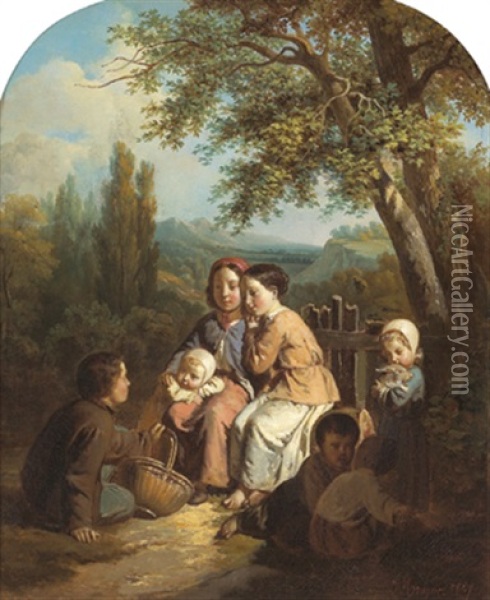 Rastende Kindergruppe (+ Traubenpfluckende Kinder; 2 Works) Oil Painting - Jean-Baptiste Jules Trayer