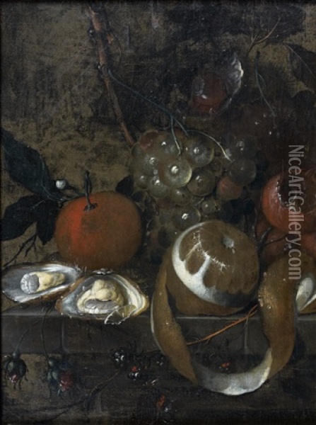 Nature Morte Aux Fruits Et Aux Huitres Sur Un Entablement De Pierre Oil Painting - Martinus Nellius