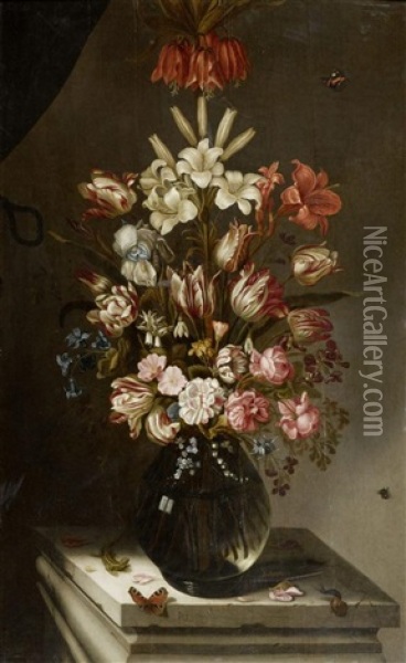 Blumenstilleben In Einer Glasvase Mit Eidechse Und Schmetterling Oil Painting - Jan Baptist Fornenburgh